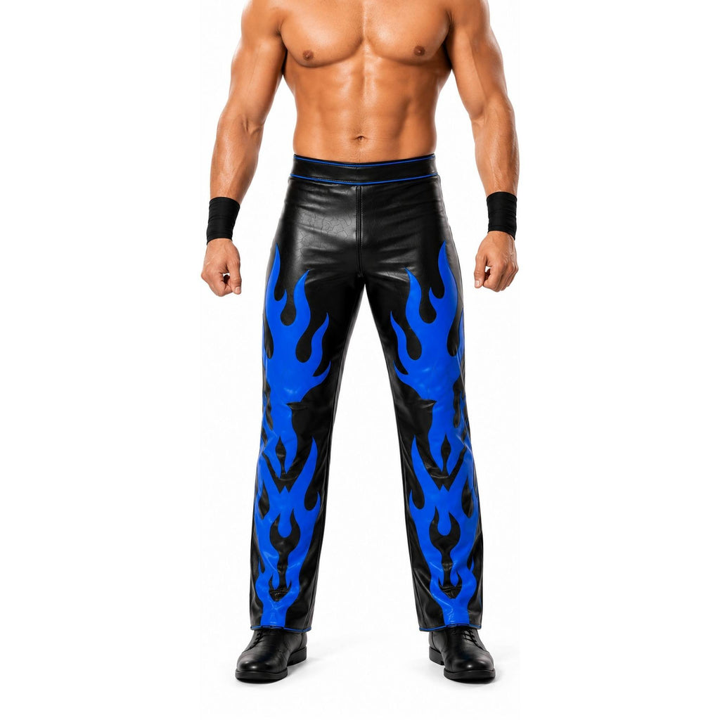 Men’s Black Wrestling Pants with Blue Flames – Pro Wrestling Ring Gear Trousers