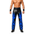 Men’s Black Wrestling Pants with Blue Flames – Pro Wrestling Ring Gear Trousers