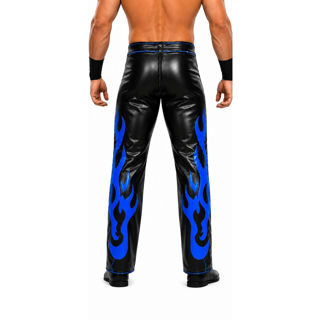 Men’s Black Wrestling Pants with Blue Flames – Pro Wrestling Ring Gear Trousers