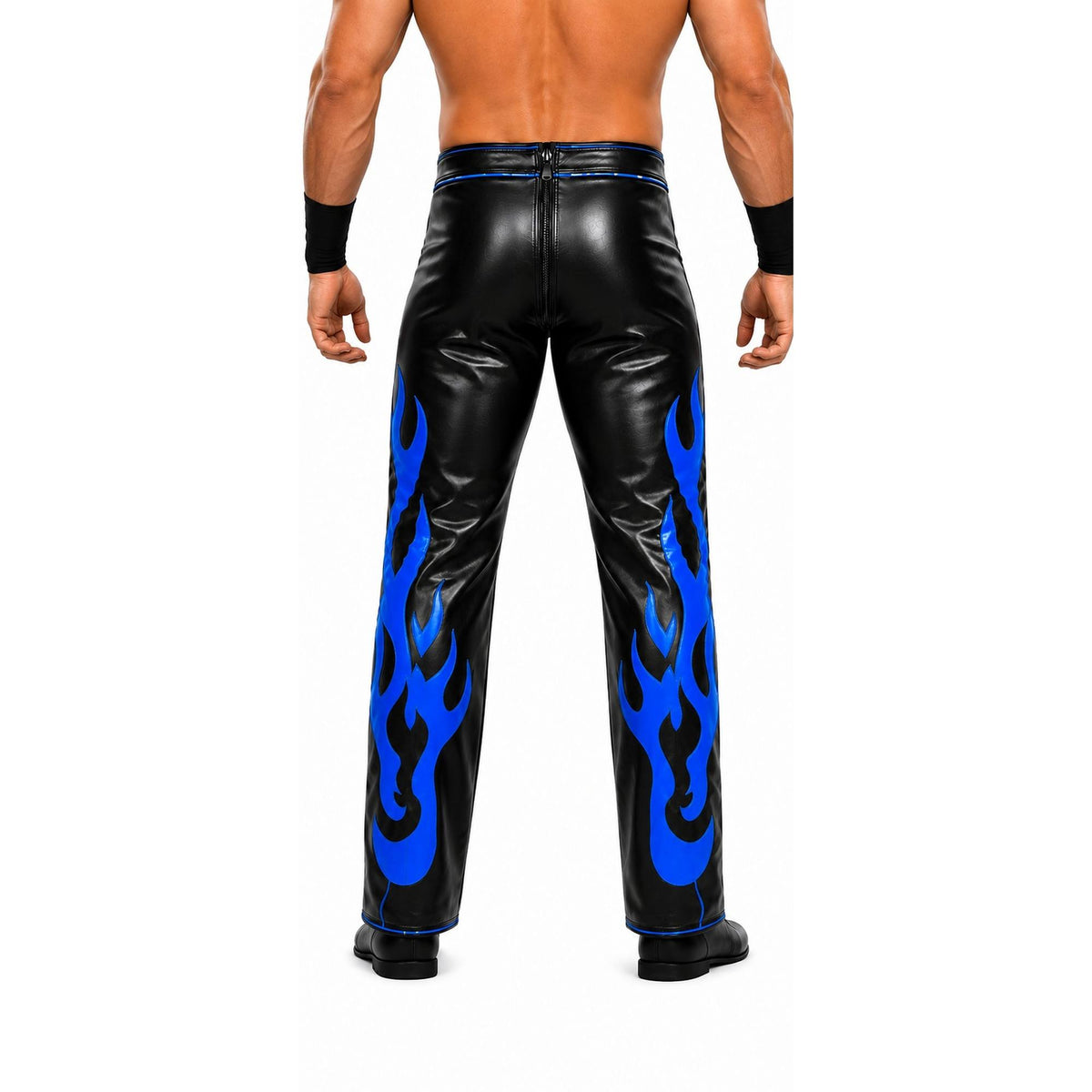 Men’s Black Wrestling Pants with Blue Flames – Pro Wrestling Ring Gear Trousers
