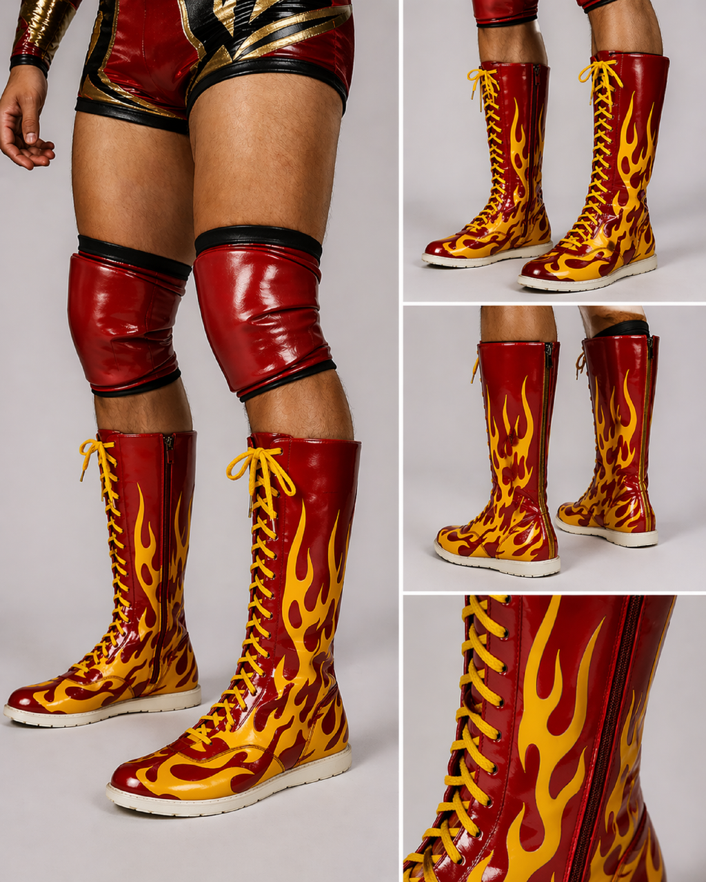 Custom Red & Gold Flame Pro Wrestling Boots – Premium Leather Ring Boots