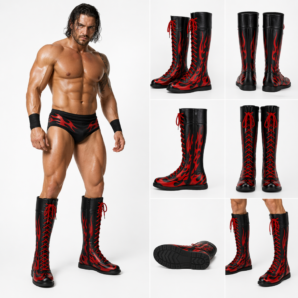 Men's Pro Wrestling Black & Red Flame Boots – High Top Wrestling Shoes