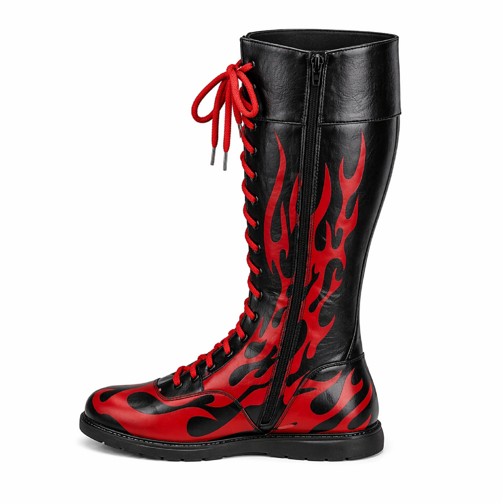 Men's Pro Wrestling Black & Red Flame Boots – High Top Wrestling Shoes