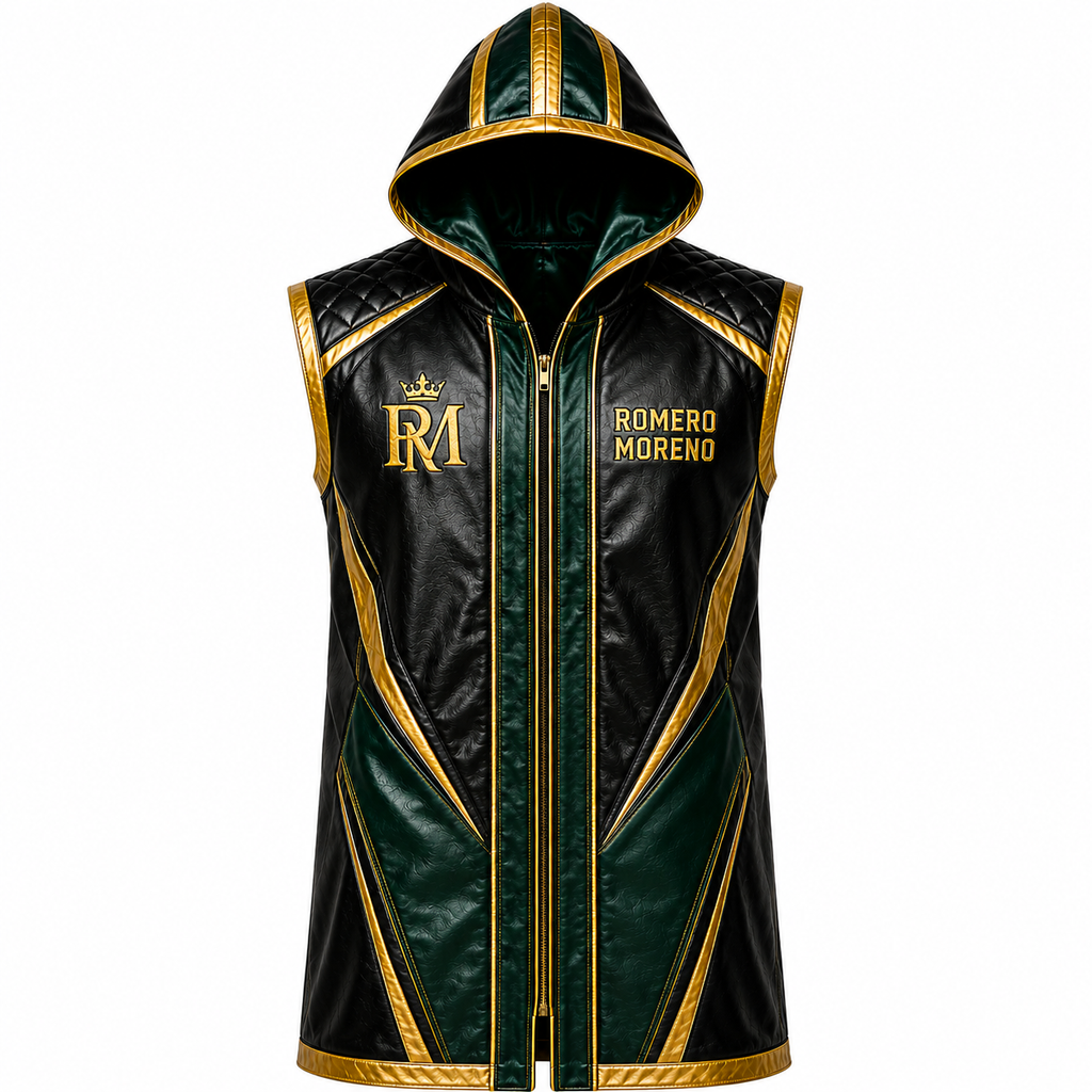 Custom Men’s Leather Hooded Coat – Black, Emerald Green & Gold Statement Performance Jacket