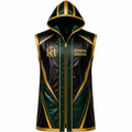 Custom Men’s Leather Hooded Coat – Black, Emerald Green & Gold Statement Performance Jacket