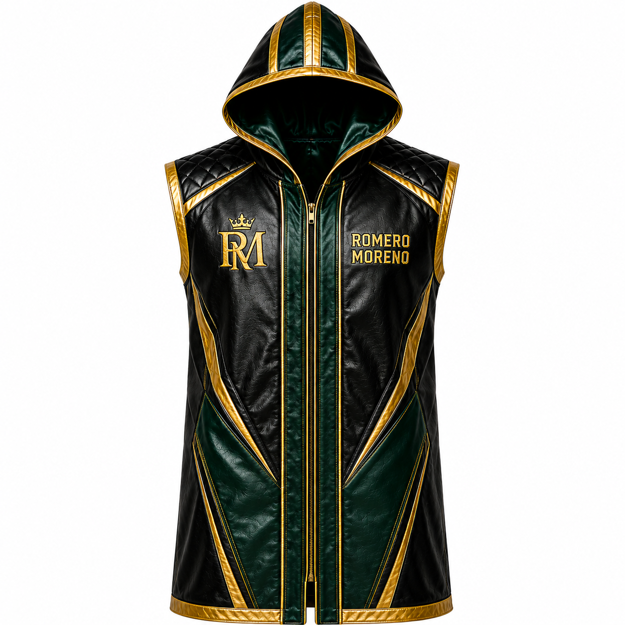 Custom Men’s Leather Hooded Coat – Black, Emerald Green & Gold Statement Performance Jacket