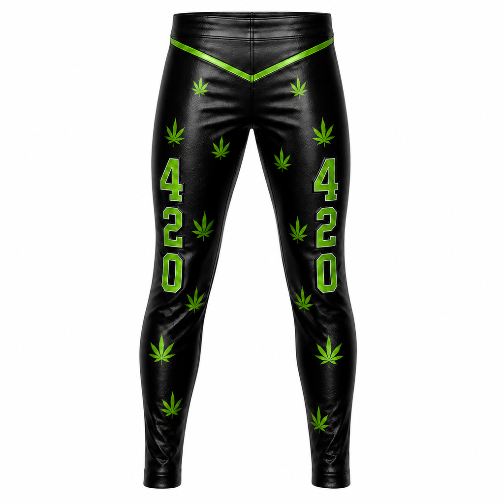 Custom Black & Green Leather Wrestling Pants, 420 Wrestling Tights, Handmade Professional Ring Gear