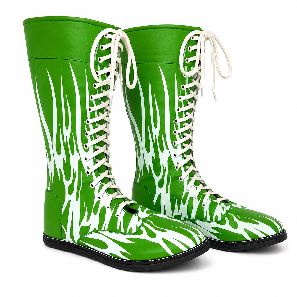 Custom Green & White Flame Wrestling Boots – High Top Wrestling Shoes for Men