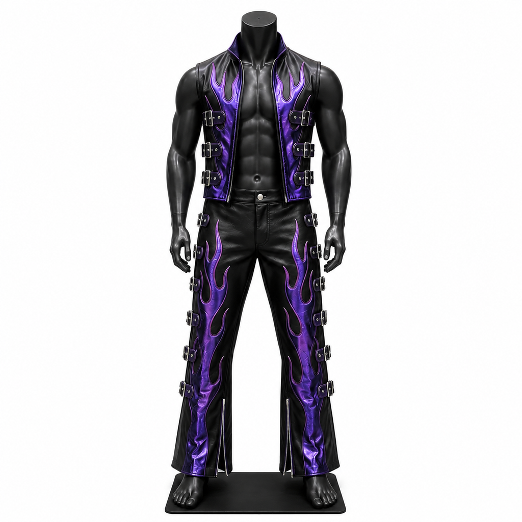 Custom Purple Flame Leather Wrestling Vest & Pants Set | Handmade Pro Wrestling Entrance Gear | Premium Genuine Leather Ring Attire