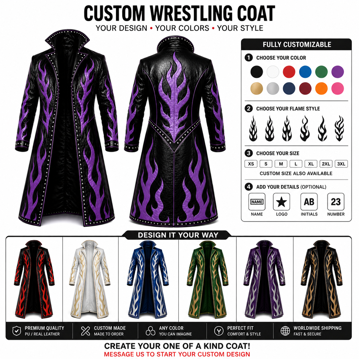 Custom Wrestling Coat – Personalized Leather Entrance Coat | Custom Colours, Flames, Name & Logo