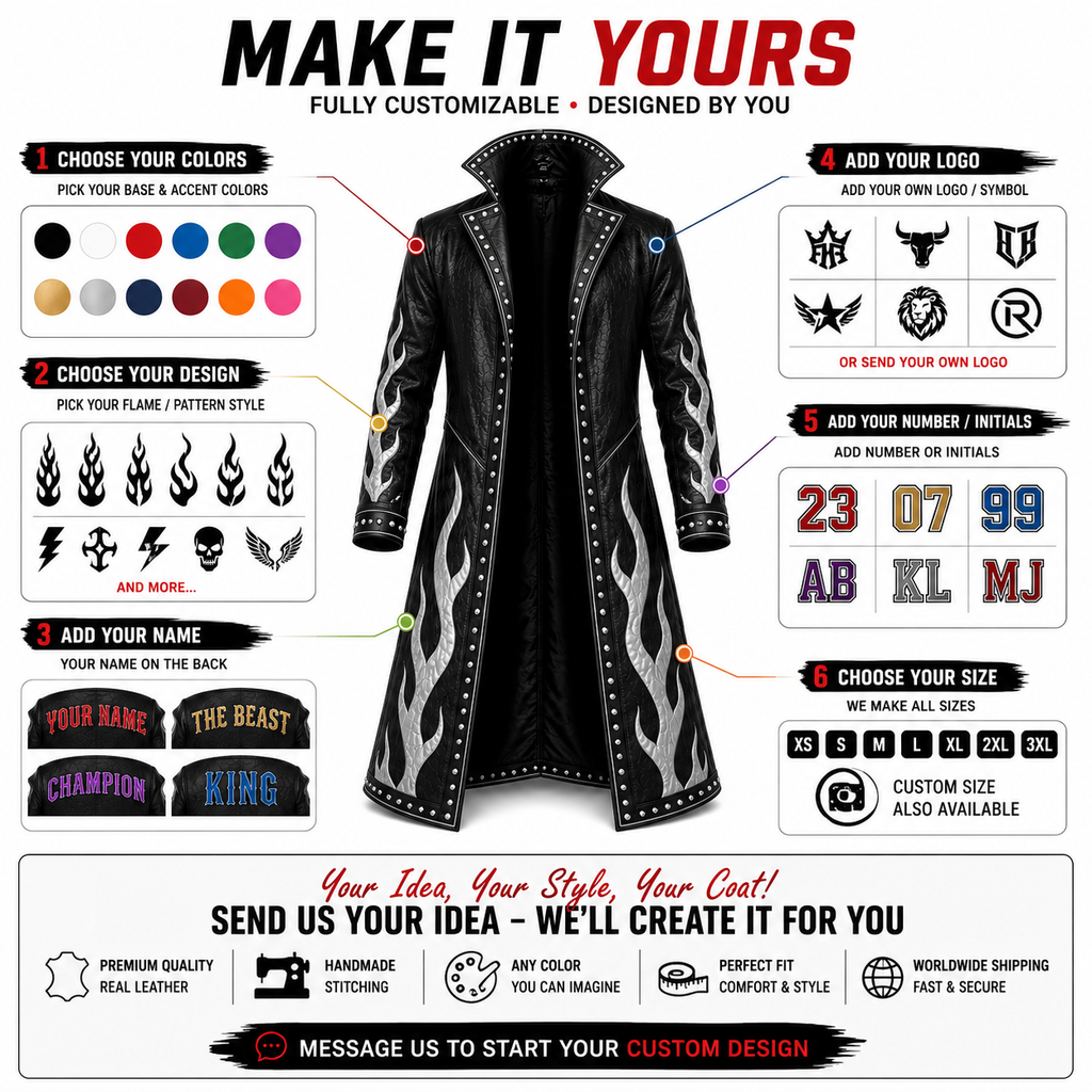 Custom Wrestling Coat – Personalized Leather Entrance Coat | Custom Colours, Flames, Name & Logo