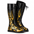 Custom Black & Gold Flame Leather Wrestling Boots – High Top Lace-Up Wrestling Shoes