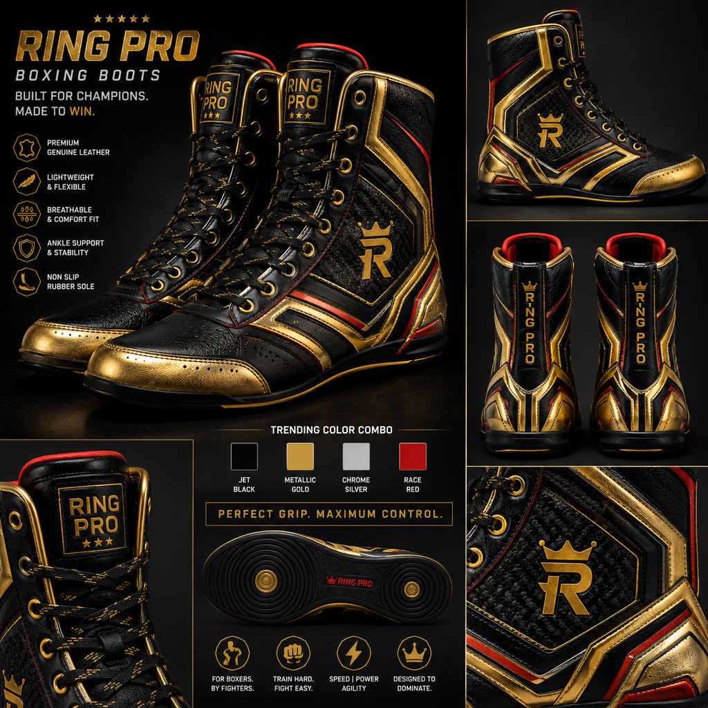 Men’s Boxing Boots, High Top Boxing Shoes, Black Gold Red Professional Fight Boots