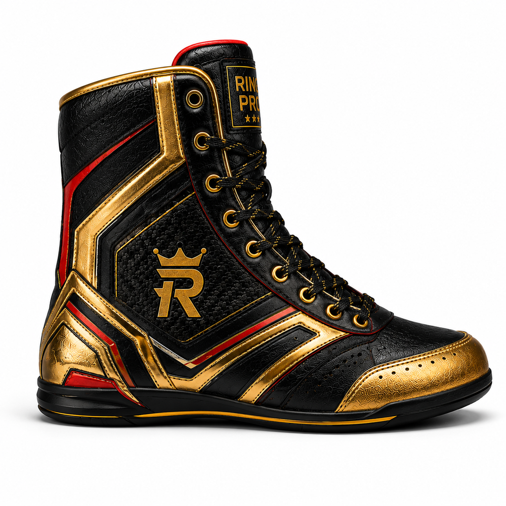 Men’s Boxing Boots, High Top Boxing Shoes, Black Gold Red Professional Fight Boots
