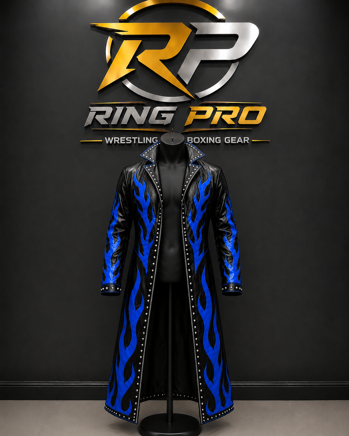 Black & Blue Flame Leather Wrestling Coat