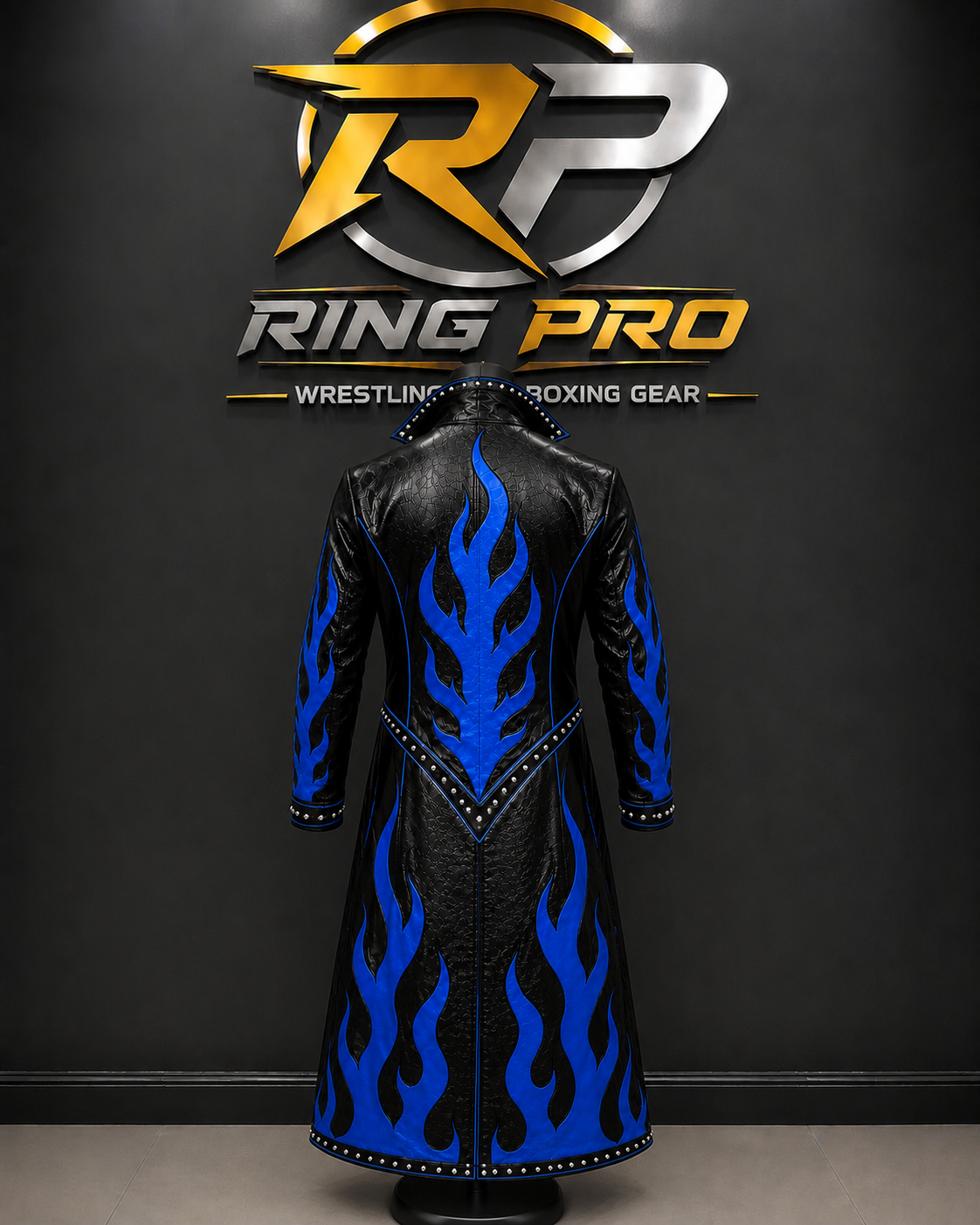 Black & Blue Flame Leather Wrestling Coat