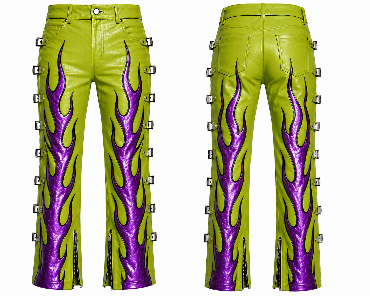 Men's Lime Green Leather Pants with Purple Flame Design – Buckle Strap Performance Trousers
