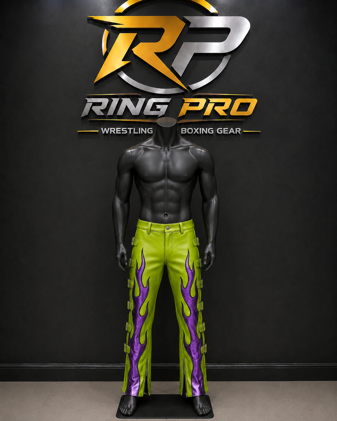 Men's Lime Green Leather Pants with Purple Flame Design – Buckle Strap Performance Trousers