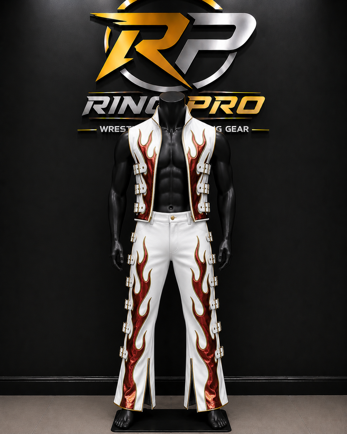 Custom Pro Wrestling White & Red Flame Leather Pants