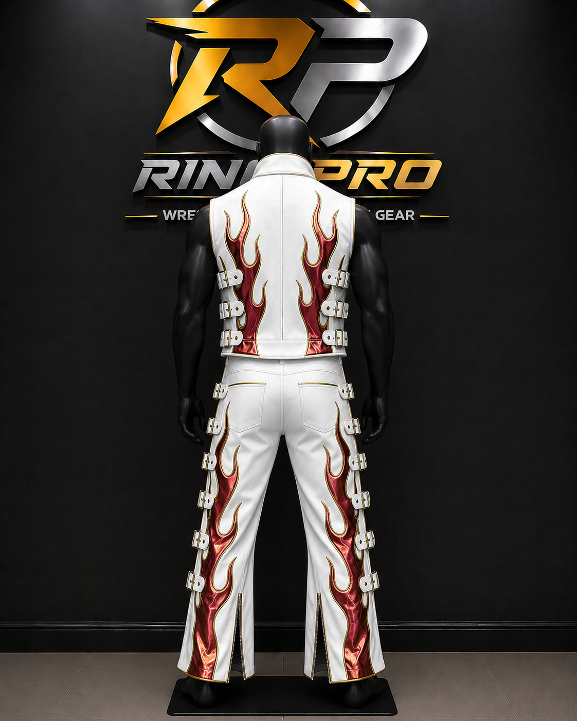 Custom Pro Wrestling White & Red Flame Leather Pants