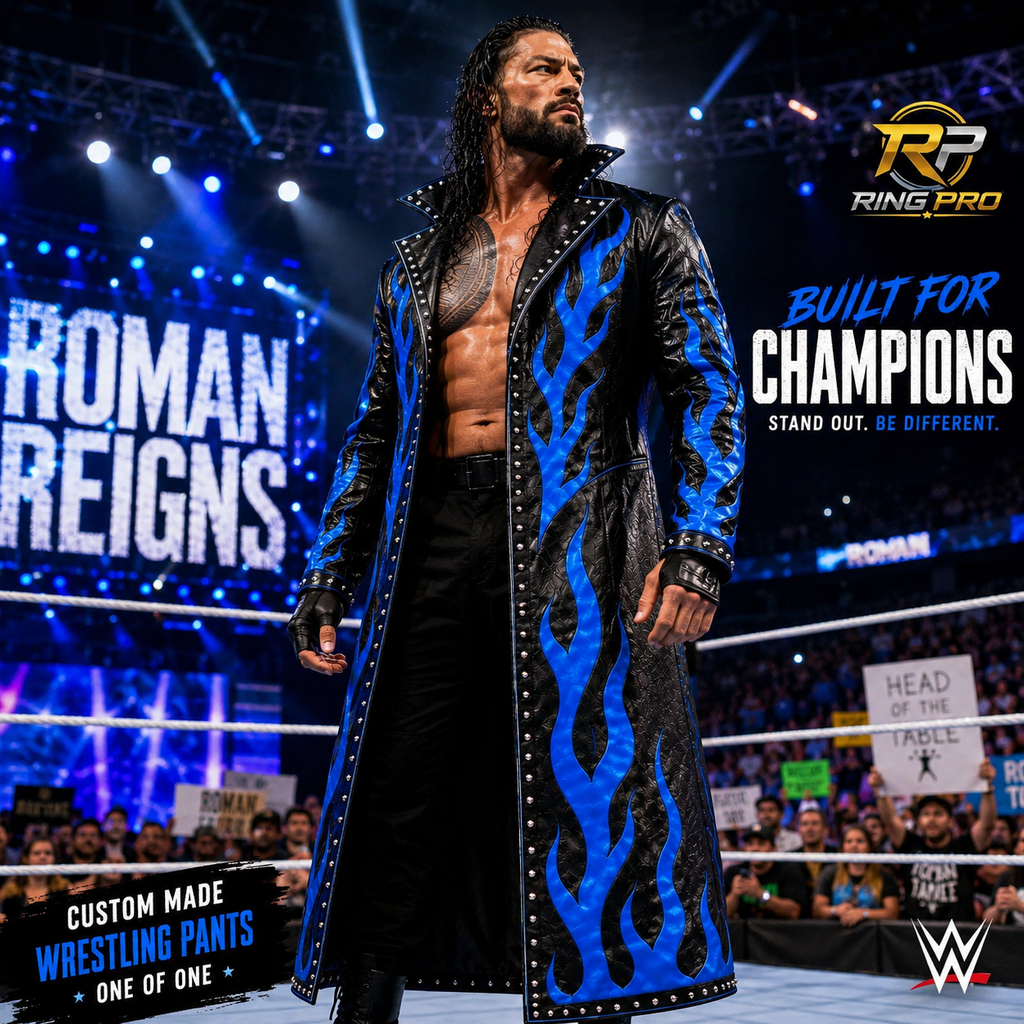 Black & Blue Flame Leather Wrestling Coat