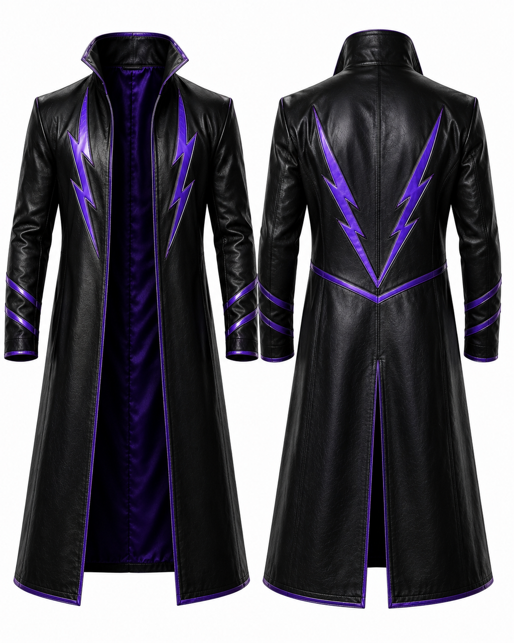 Black & Purple Leather Wrestling Long Coat – Custom Pro Wrestling Entrance Coat
