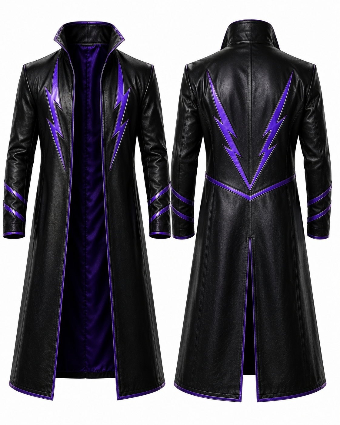 Black & Purple Leather Wrestling Long Coat – Custom Pro Wrestling Entrance Coat
