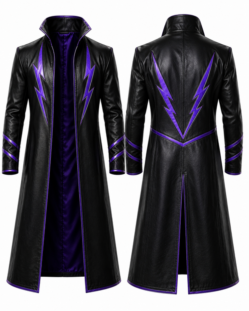 Black & Purple Leather Wrestling Long Coat – Custom Pro Wrestling Entrance Coat