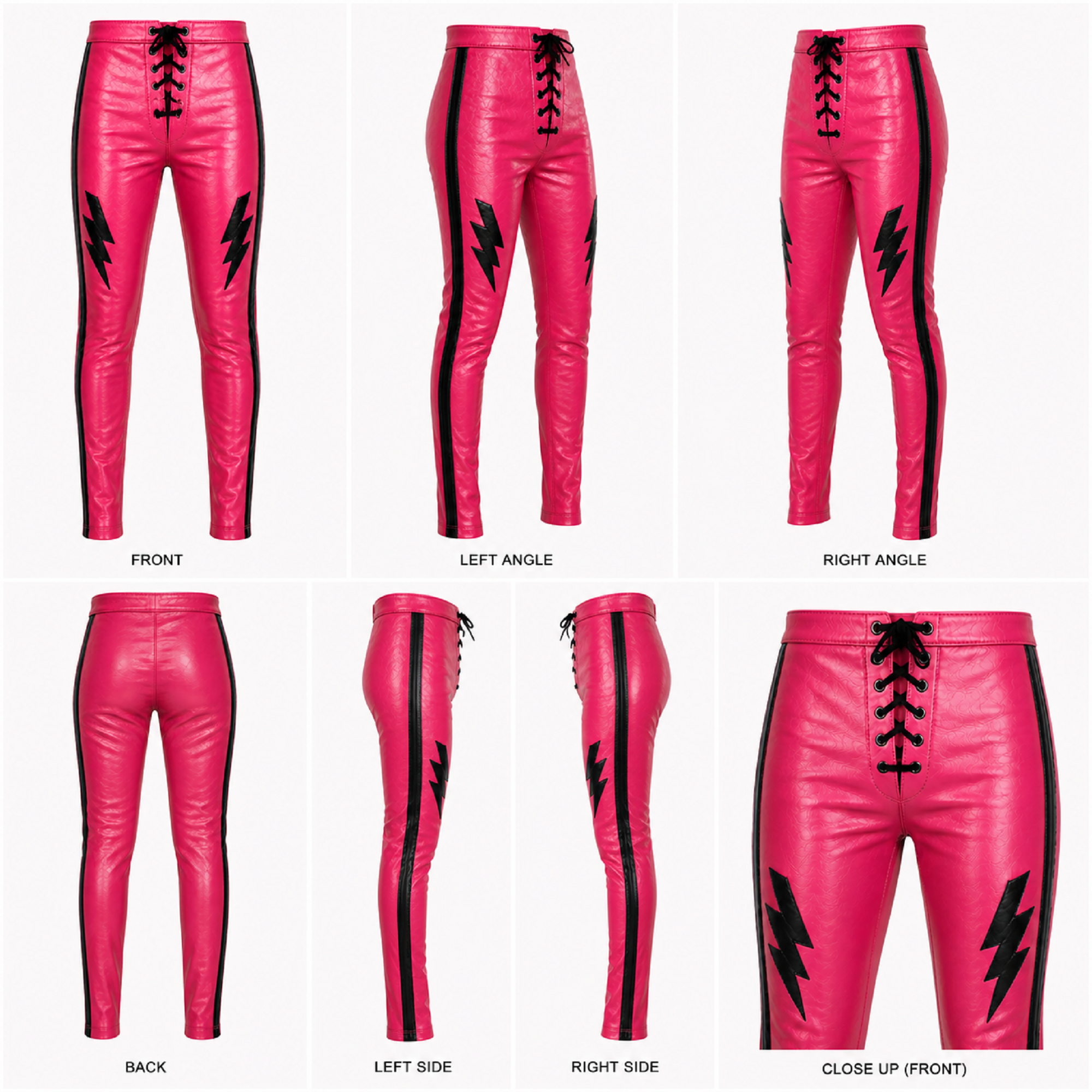Men's Pink Leather Pants with Black Lightning Bolt Design – Lace-Up Motorcycle & Wrestling Trousers