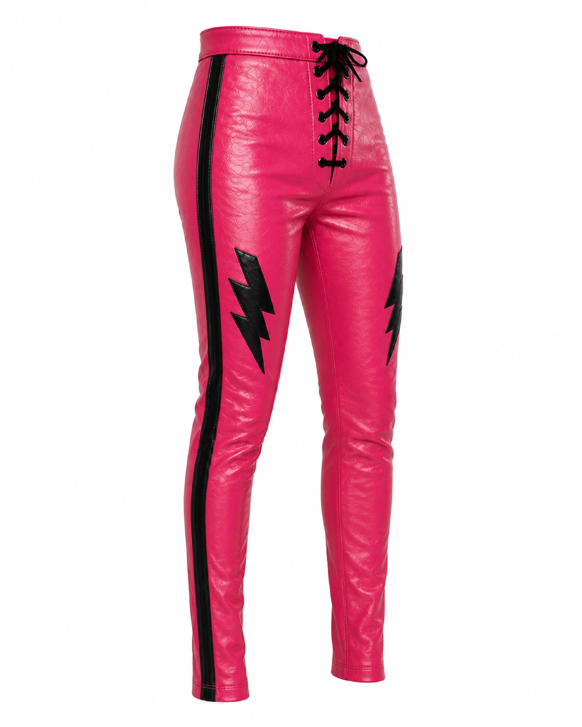 Men's Pink Leather Pants with Black Lightning Bolt Design – Lace-Up Motorcycle & Wrestling Trousers