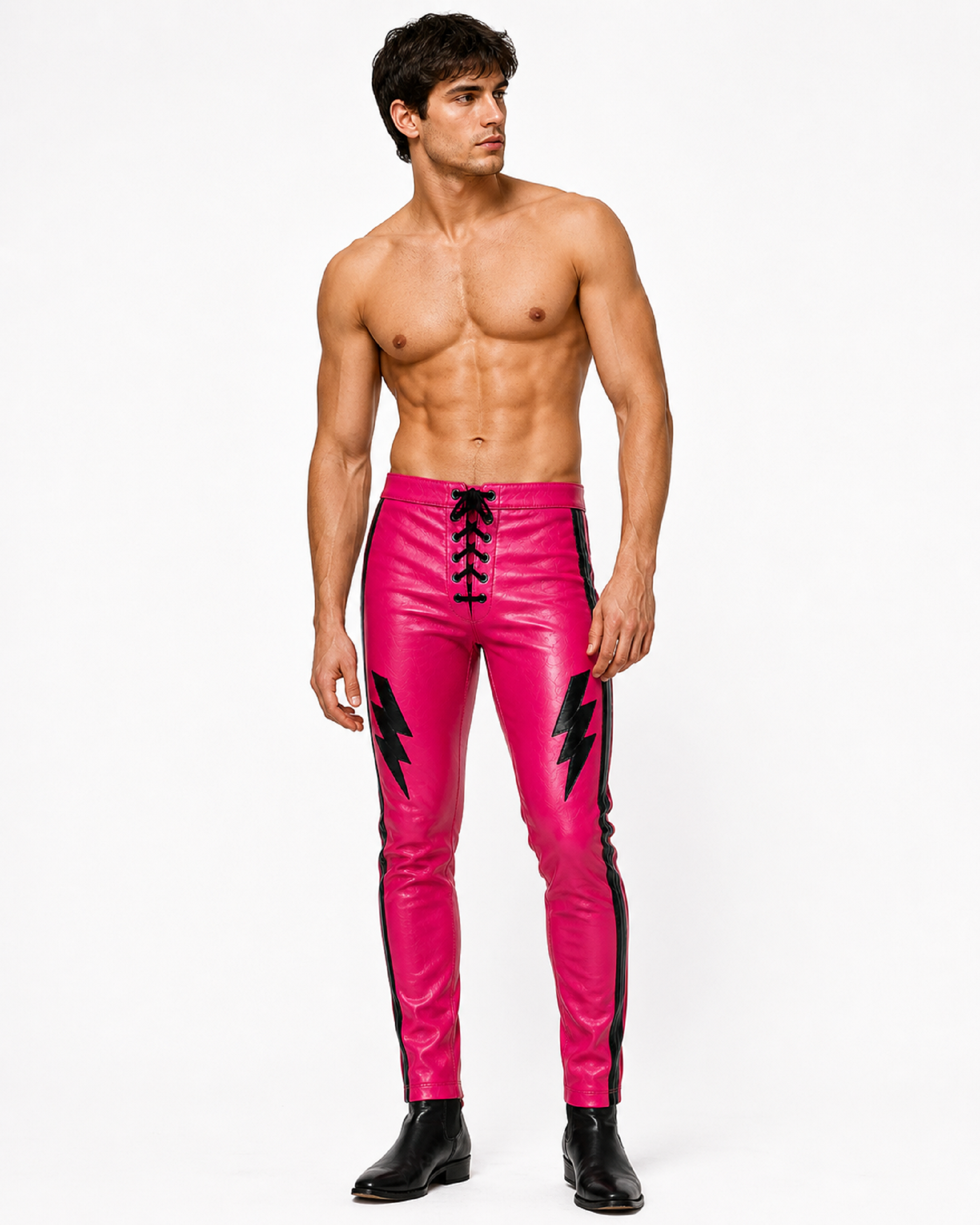 Men's Pink Leather Pants with Black Lightning Bolt Design – Lace-Up Motorcycle & Wrestling Trousers