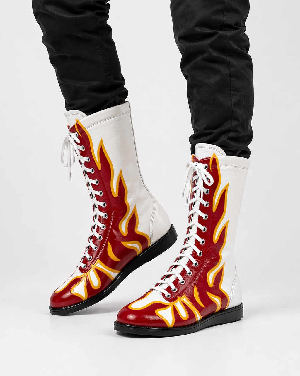Red & White Flame Pro Wrestling Boots – High Top Wrestling Shoes