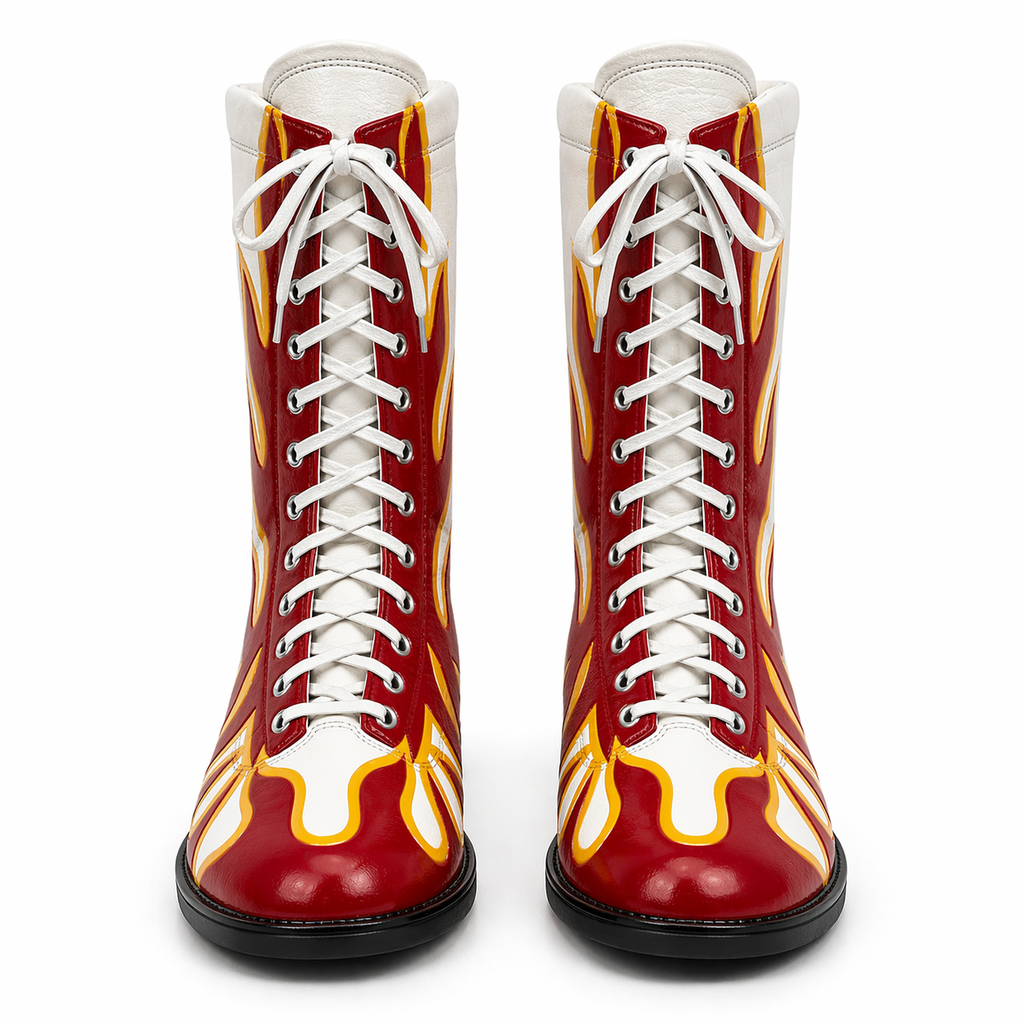 Red & White Flame Pro Wrestling Boots – High Top Wrestling Shoes