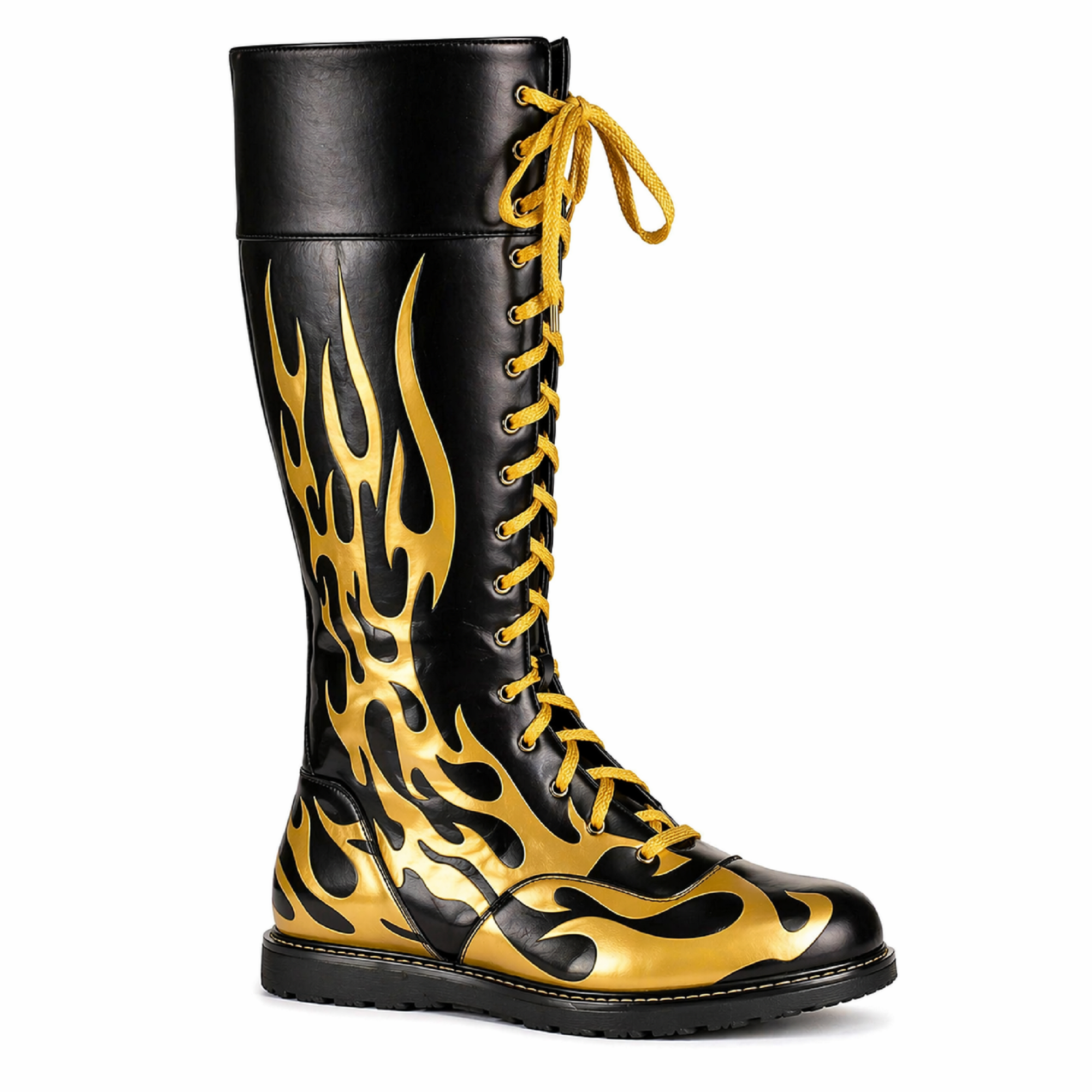 Custom Black & Gold Flame Leather Wrestling Boots – High Top Lace-Up Wrestling Shoes