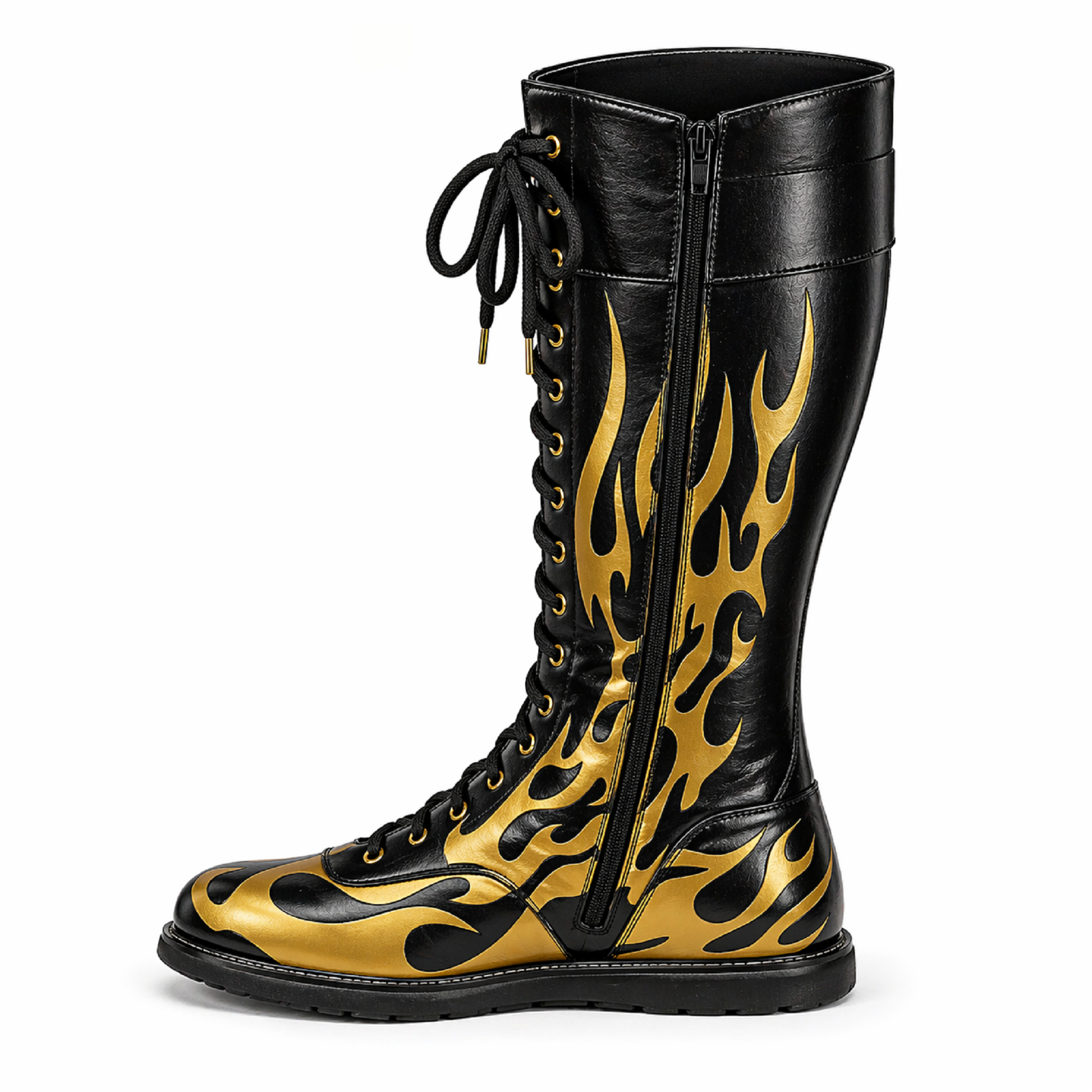 Custom Black & Gold Flame Leather Wrestling Boots – High Top Lace-Up Wrestling Shoes