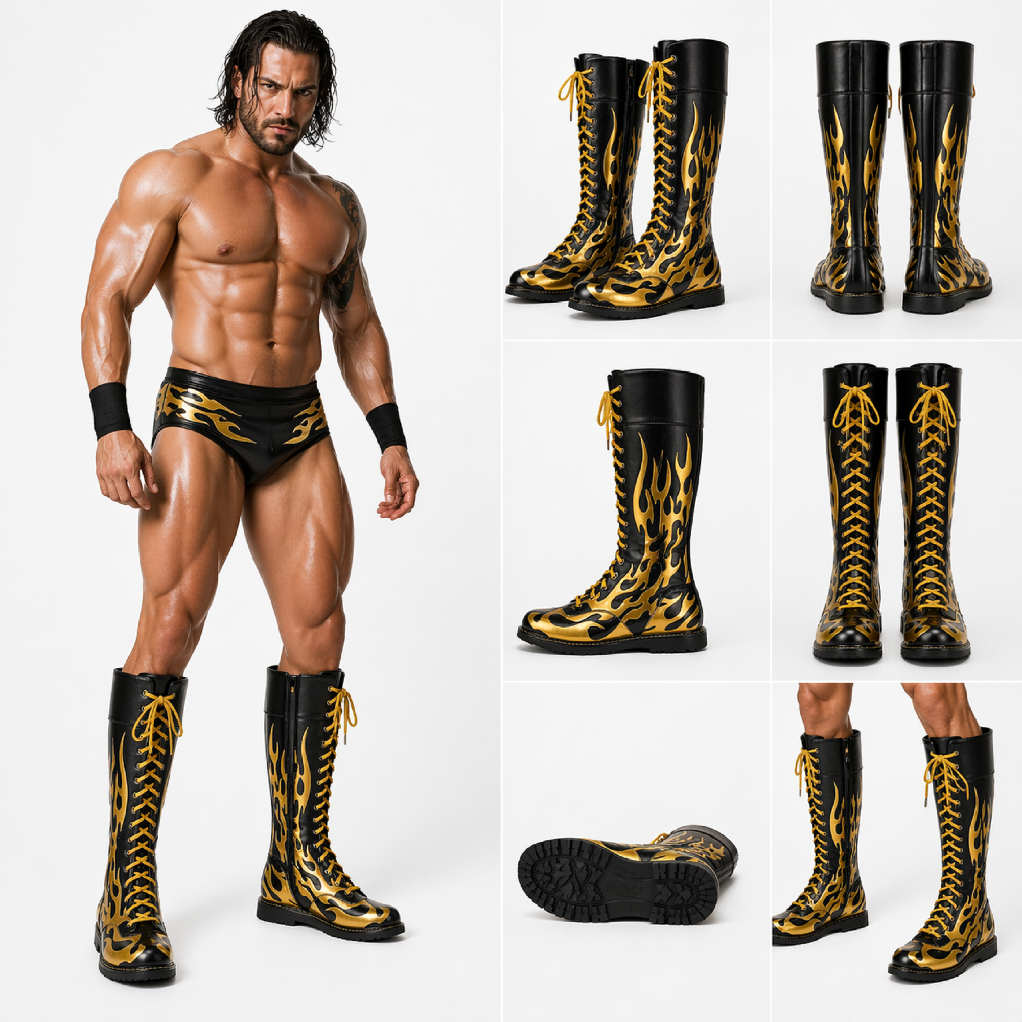 Custom Black & Gold Flame Leather Wrestling Boots – High Top Lace-Up Wrestling Shoes
