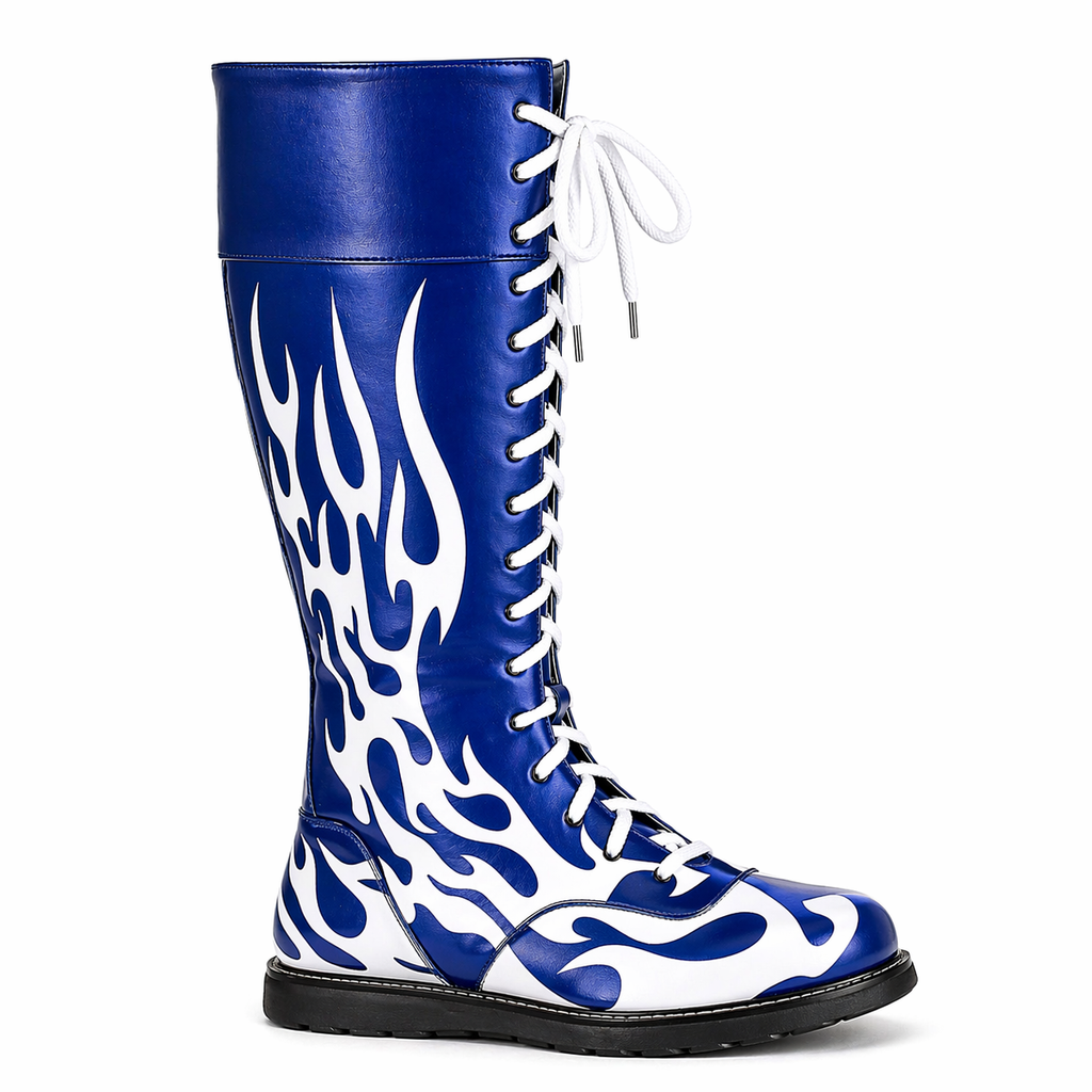 Men's Custom Blue & White Flame Pro Wrestling Boots – Premium Leather High-Top Ring Boots