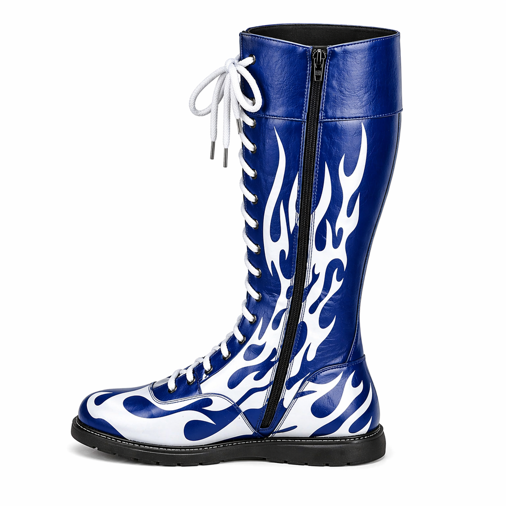 Men's Custom Blue & White Flame Pro Wrestling Boots – Premium Leather High-Top Ring Boots