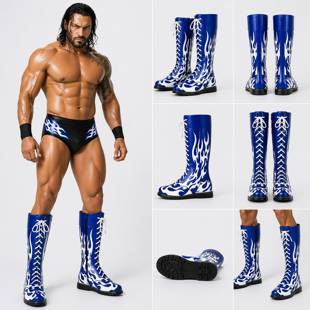 Men's Custom Blue & White Flame Pro Wrestling Boots – Premium Leather High-Top Ring Boots