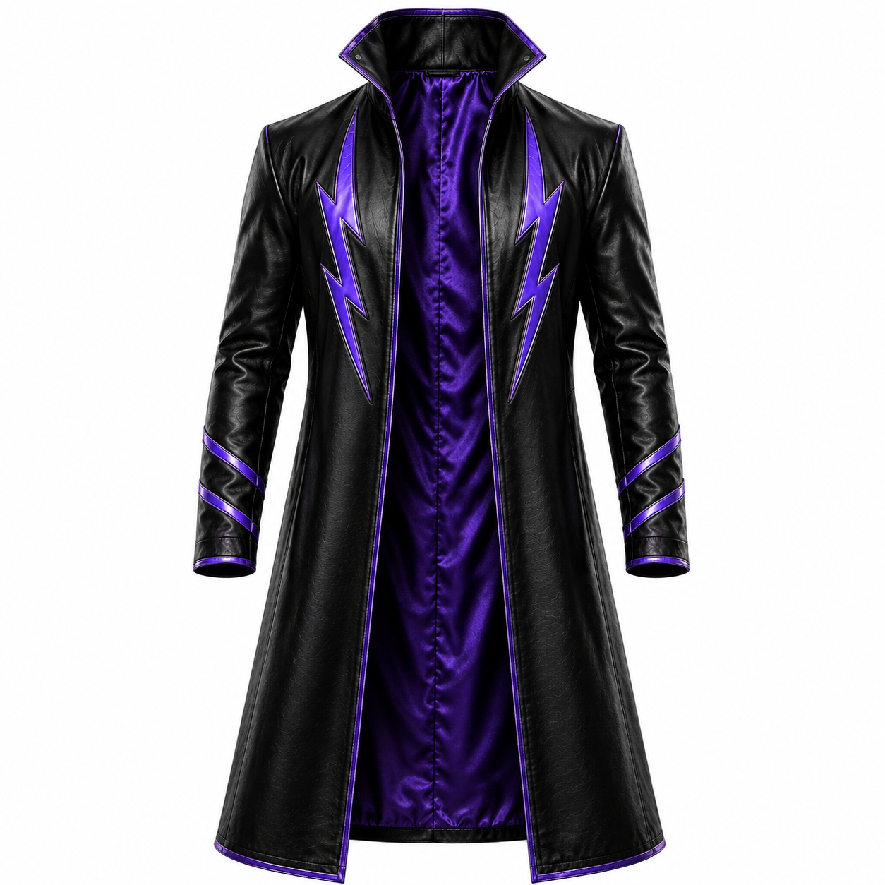 Black & Purple Leather Wrestling Long Coat – Custom Pro Wrestling Entrance Coat