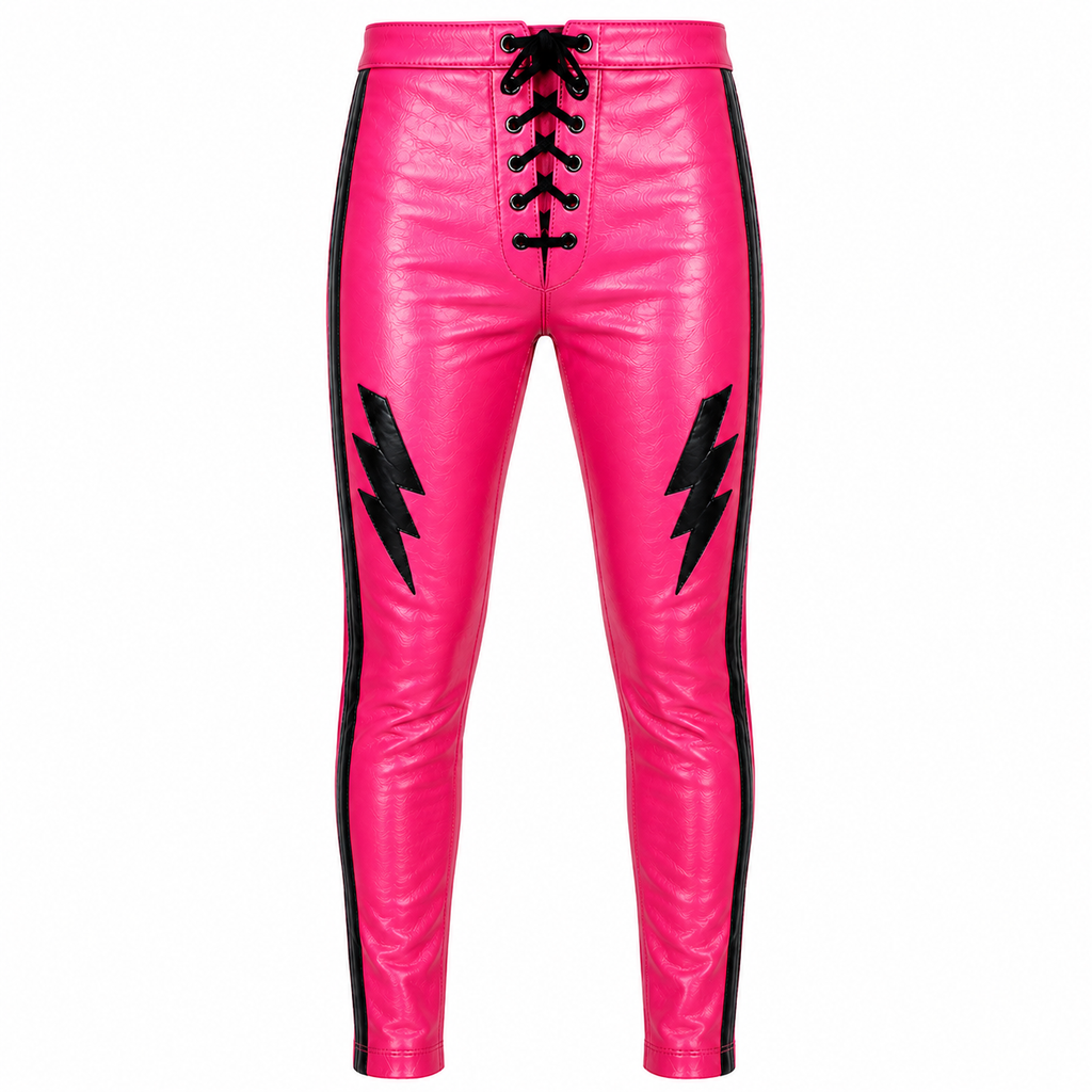 Men's Pink Leather Pants with Black Lightning Bolt Design – Lace-Up Motorcycle & Wrestling Trousers