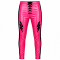 Men's Pink Leather Pants with Black Lightning Bolt Design – Lace-Up Motorcycle & Wrestling Trousers