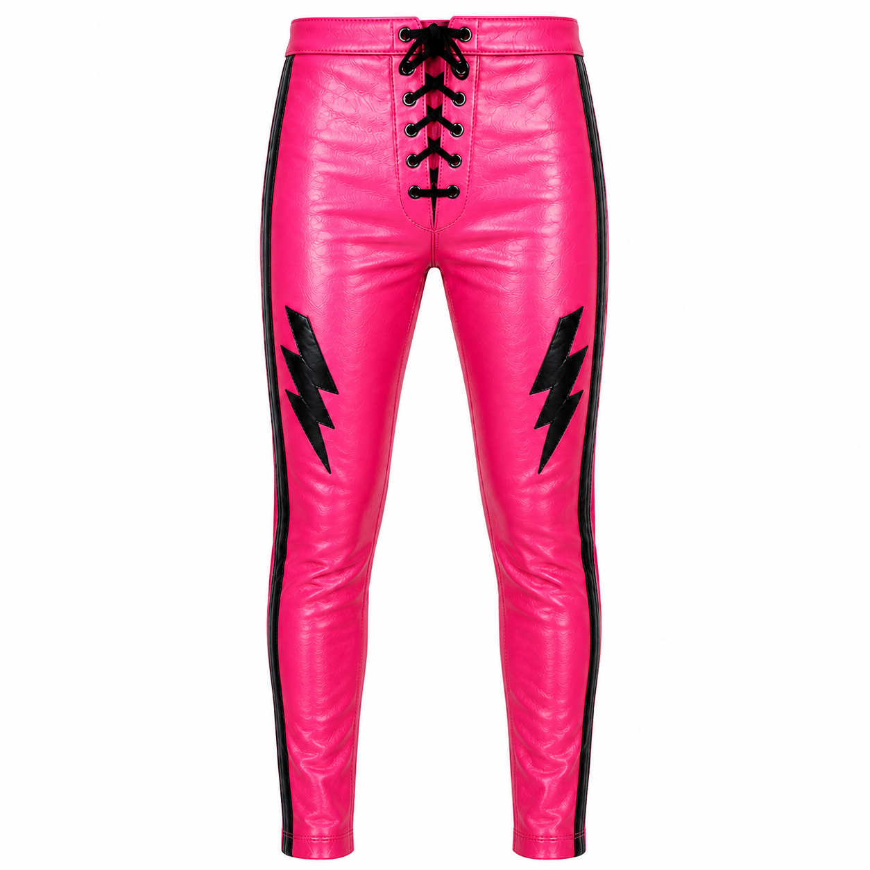 Men's Pink Leather Pants with Black Lightning Bolt Design – Lace-Up Motorcycle & Wrestling Trousers