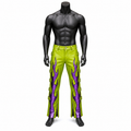 Men's Lime Green Leather Pants with Purple Flame Design – Buckle Strap Performance Trousers