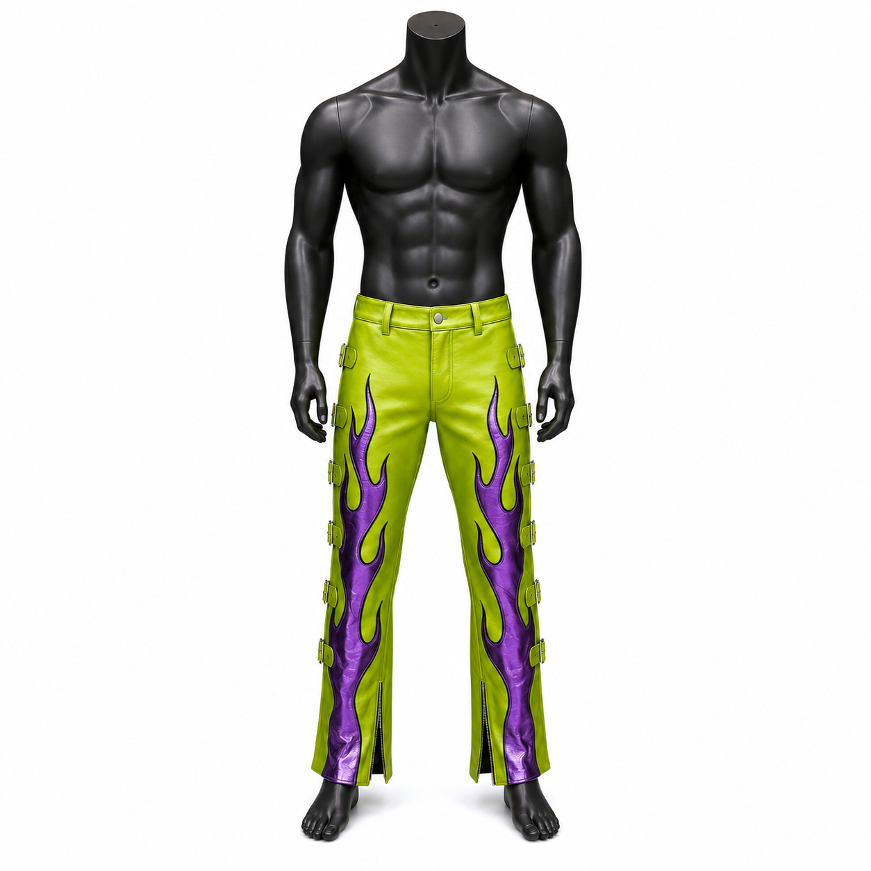 Men's Lime Green Leather Pants with Purple Flame Design – Buckle Strap Performance Trousers