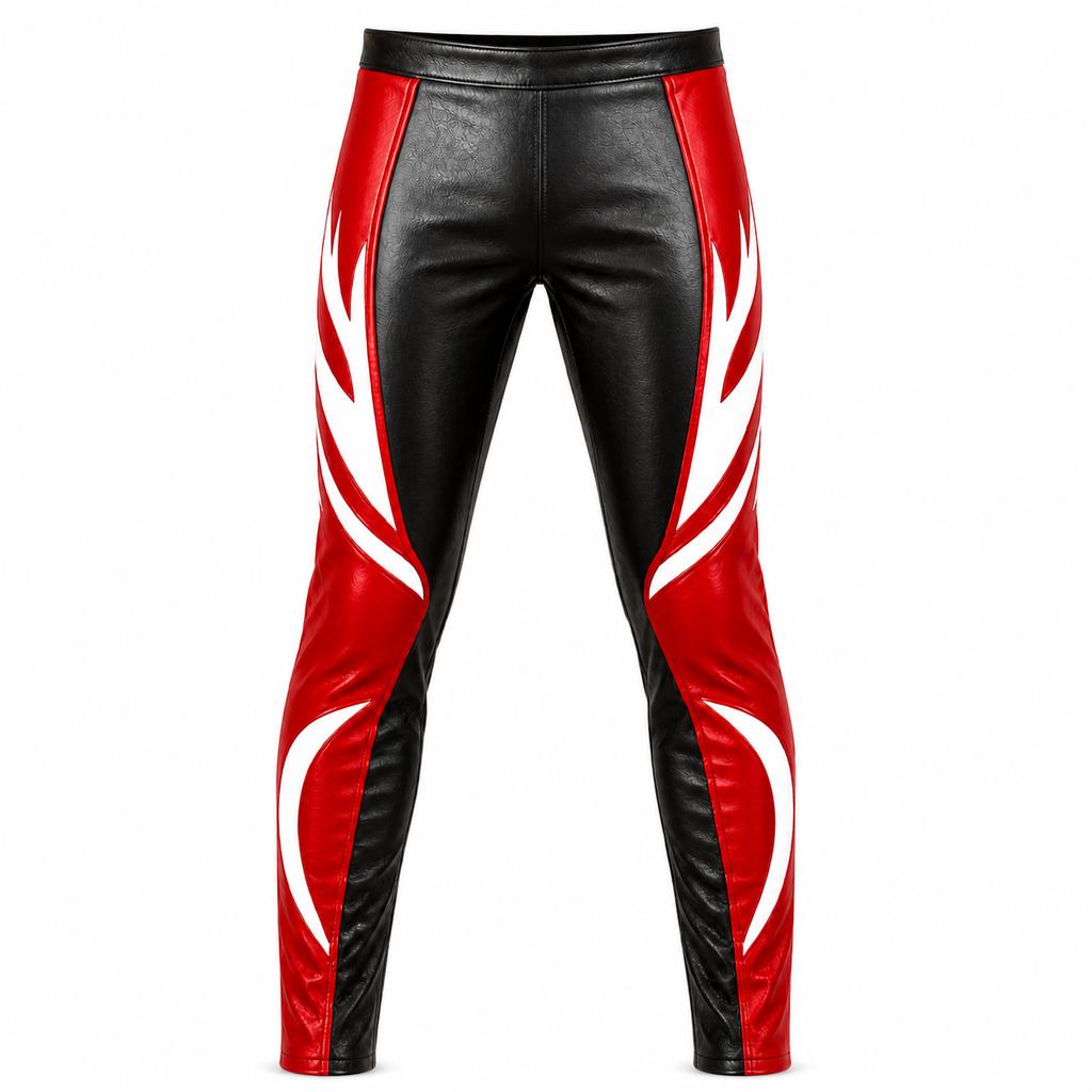 Custom Red & Black Genuine Leather Wrestling Pants, Professional Wrestling Ring Gear, Handmade Leather Tights