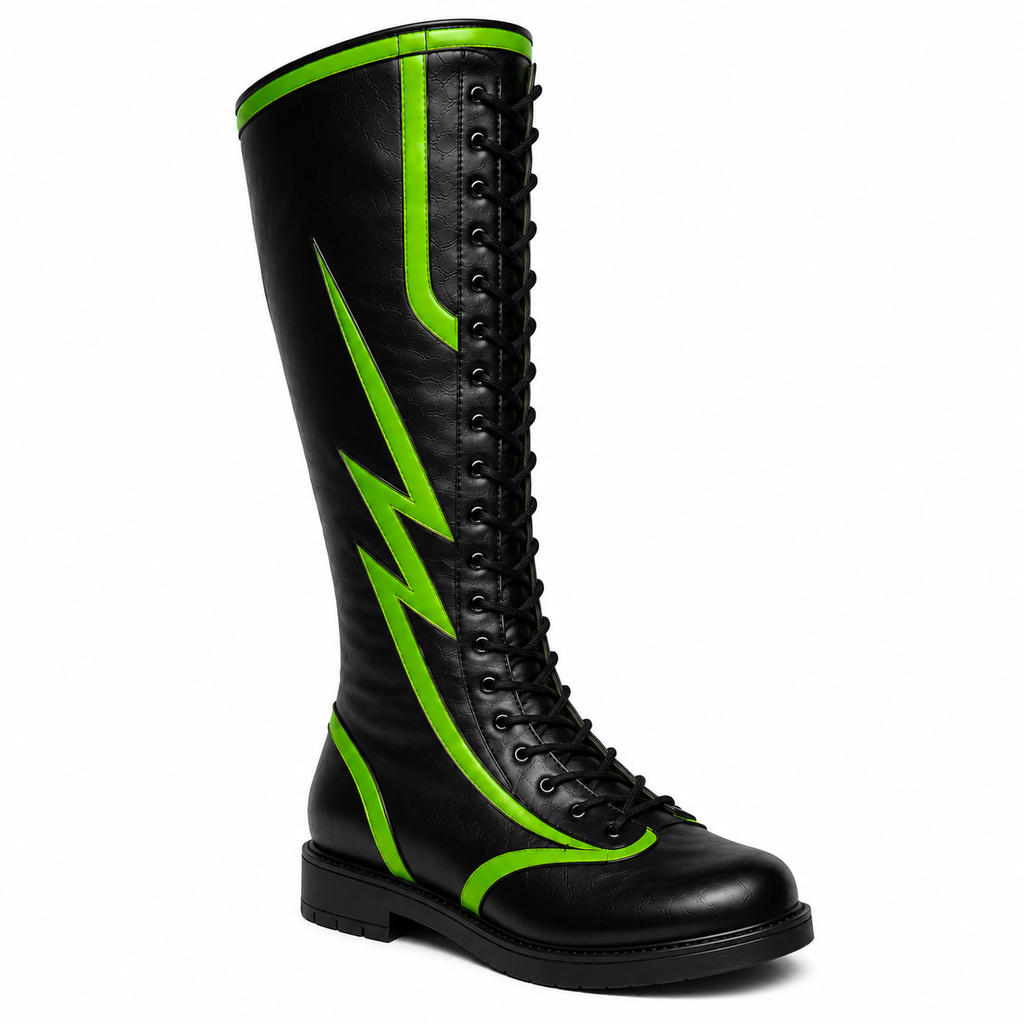 Black Neon Green Wrestling Boots – Men’s High Top Wrestling Shoes, Lightning Design, Lace Up Wrestling Gear