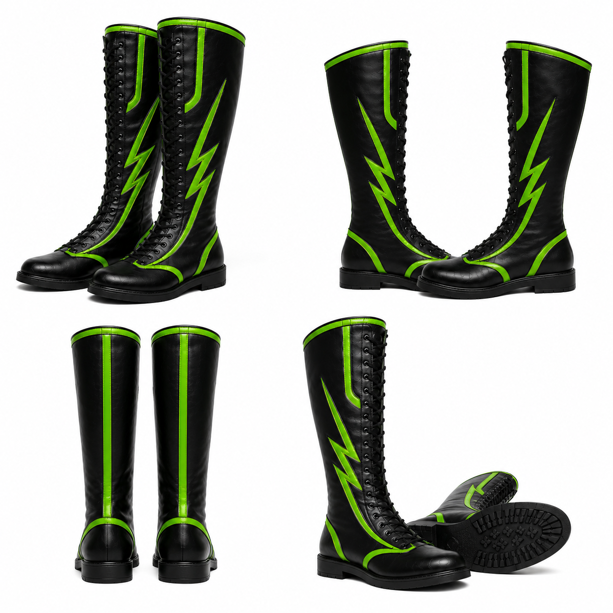 Black Neon Green Wrestling Boots – Men’s High Top Wrestling Shoes, Lightning Design, Lace Up Wrestling Gear