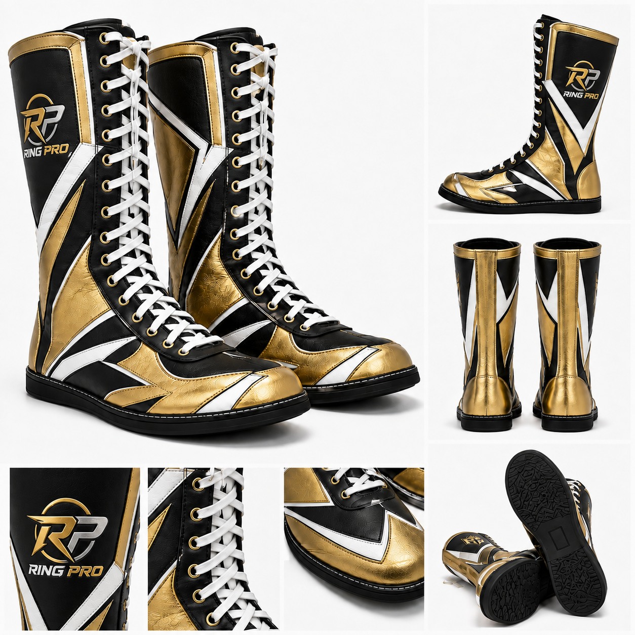 Custom Black Gold White Wrestling Boots – High Top Professional Wrestling Shoes