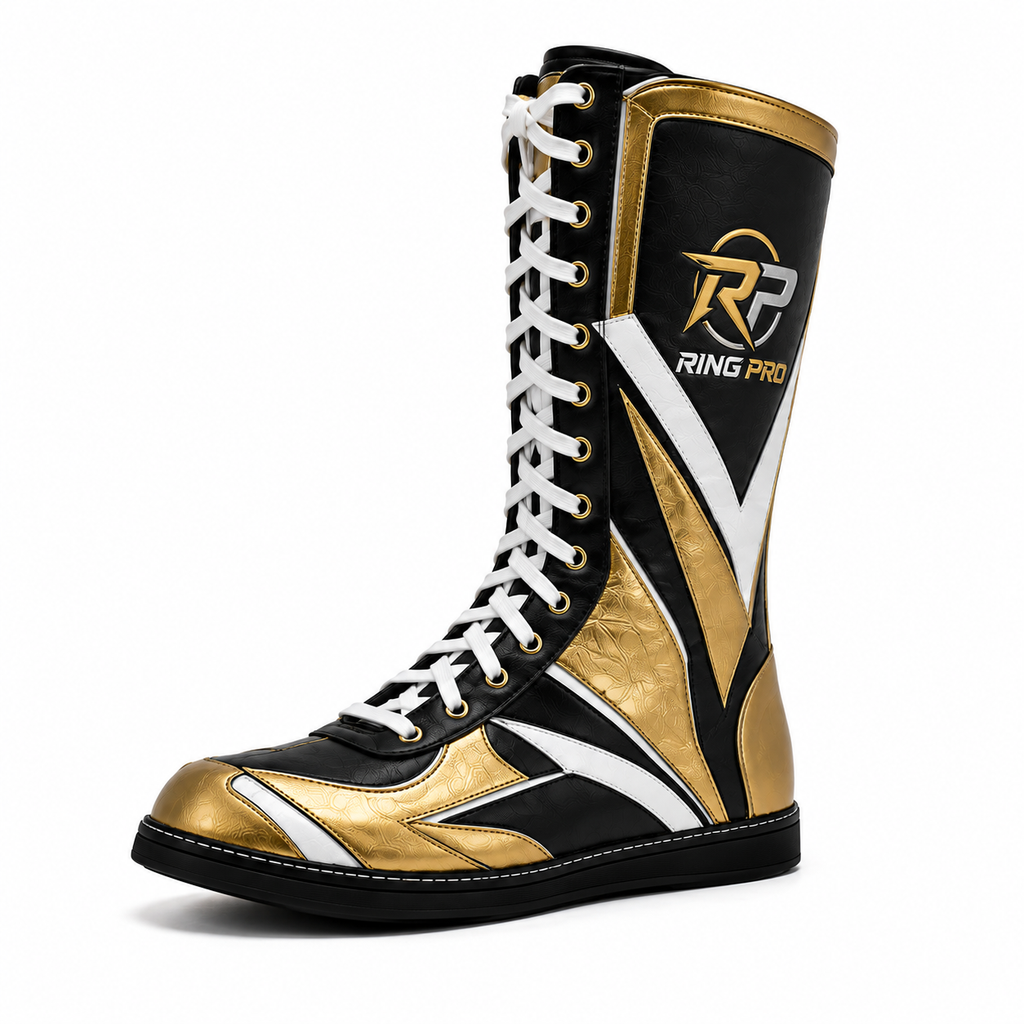Custom Black Gold White Wrestling Boots – High Top Professional Wrestling Shoes